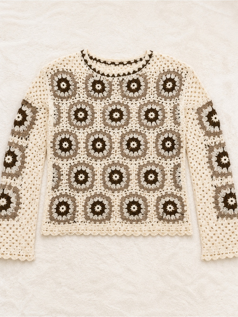 Vintage Crochet Granny Square Sweater Boho Brown Cream Long Sleeve